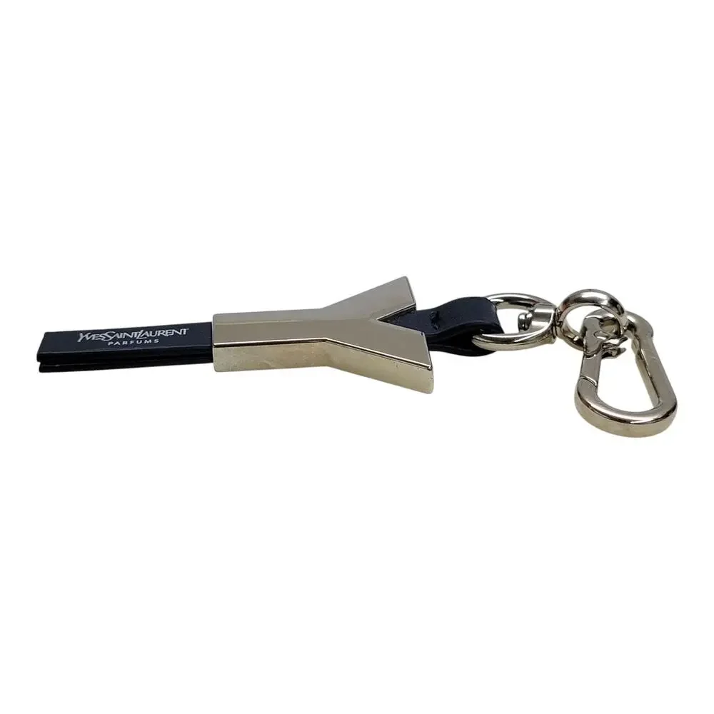 YSL Yves Saint Laurent Parfums Y Logo Silver Metal Leather Key Ring Bag Charm